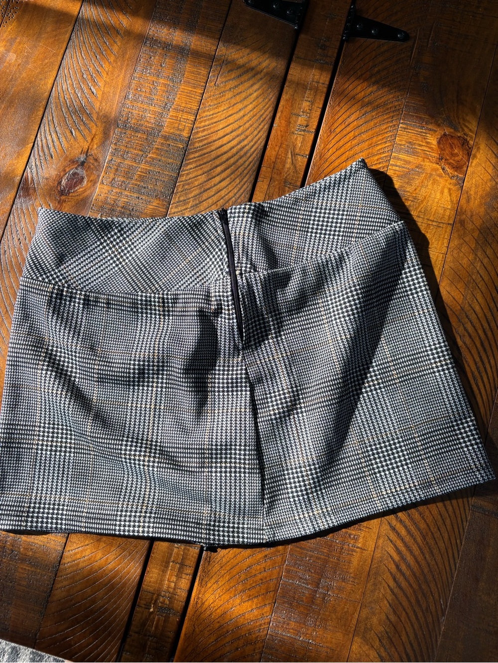 Altar'd State Black & Gray Plaid Pleated Mini Skirt with Subtle Tan Stripe - Picture 9 of 12